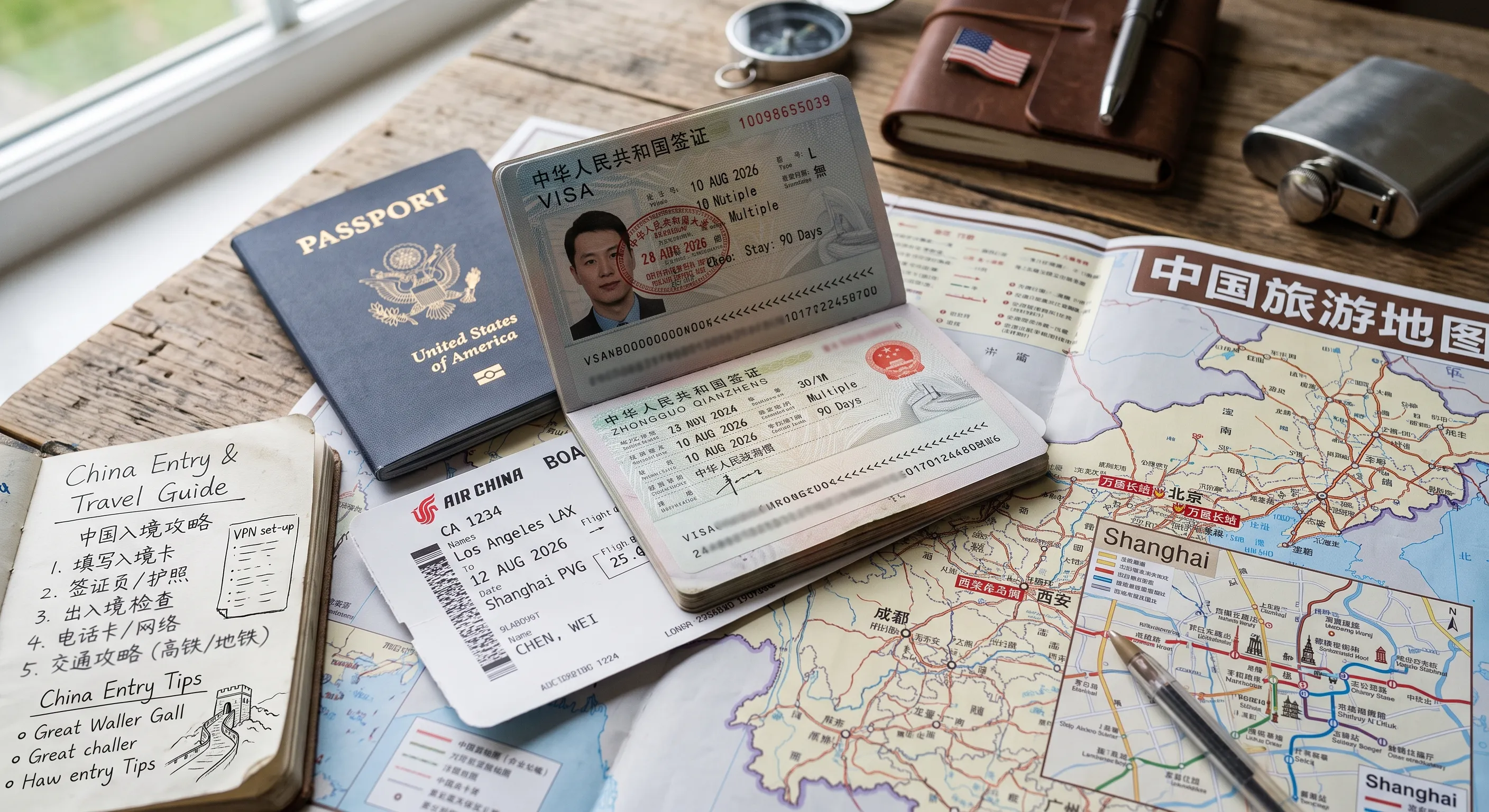 An international passport and boarding pass next to a China travel map illustrating entry points