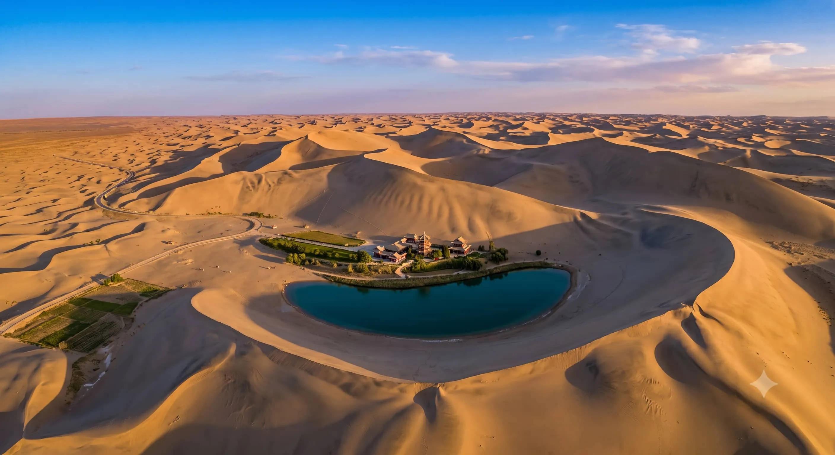 The breathtaking Crescent Moon Lake oasis perfectly nestled between giant sand dunes