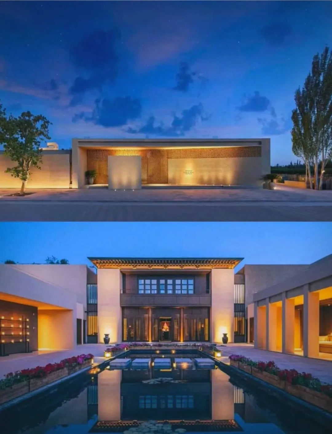 The iconic rooftop terrace of a traditional Dunhuang hotel overlooking the glowing golden sand dunes