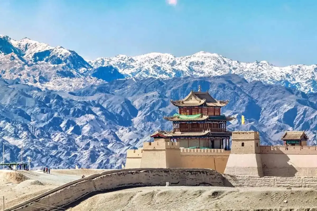The majestic Ming Dynasty watchtowers of Jiayuguan Fort standing guard over the arid Gobi Desert