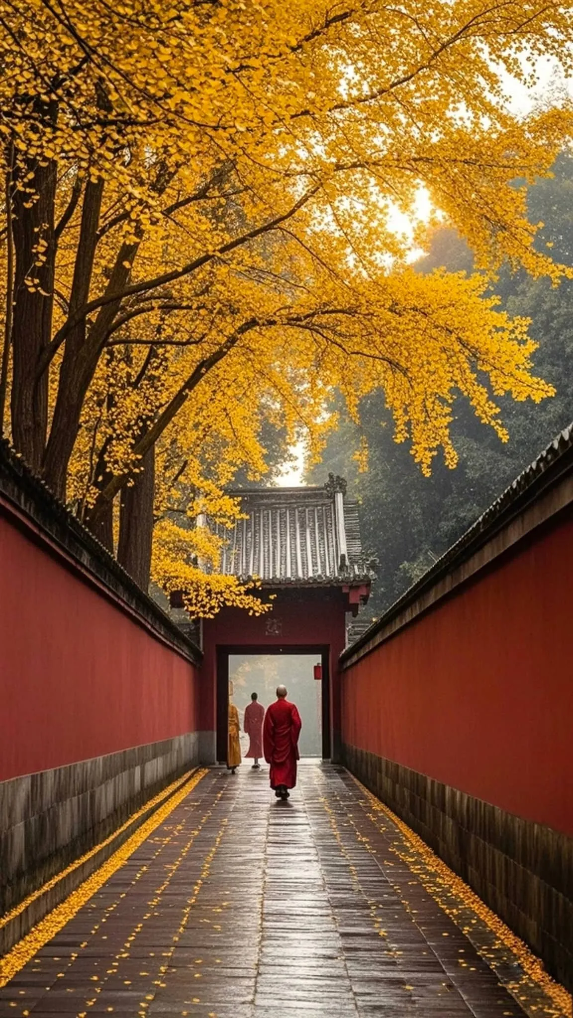 Crimson-robed young Tibetan monks walking through the misty morning alleyways of Langmusi