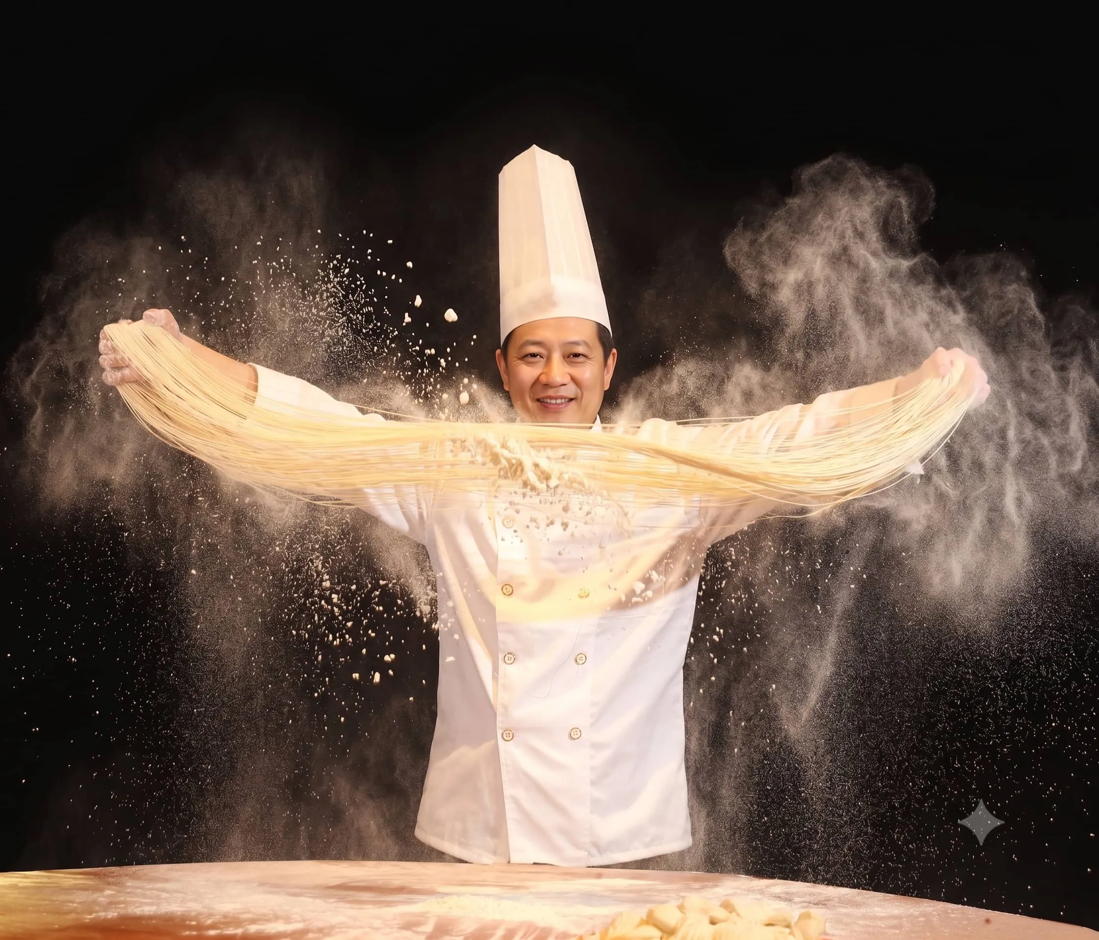 A master noodle crafter dynamically stretching wheat dough into fine strands over a boiling pot