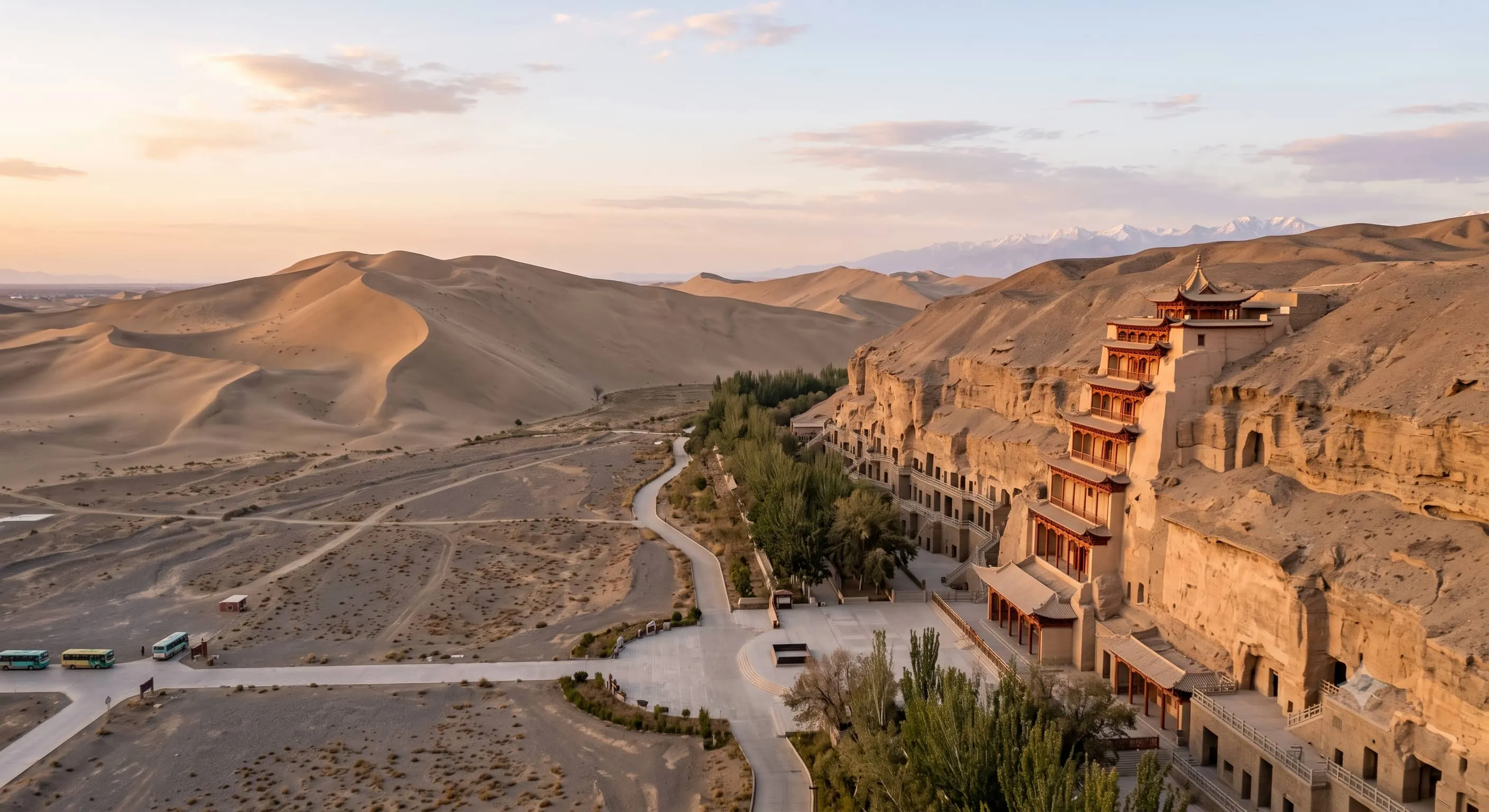 The majestic cliff face of Dunhuang Mogao Caves displaying the iconic multi-story pavilion