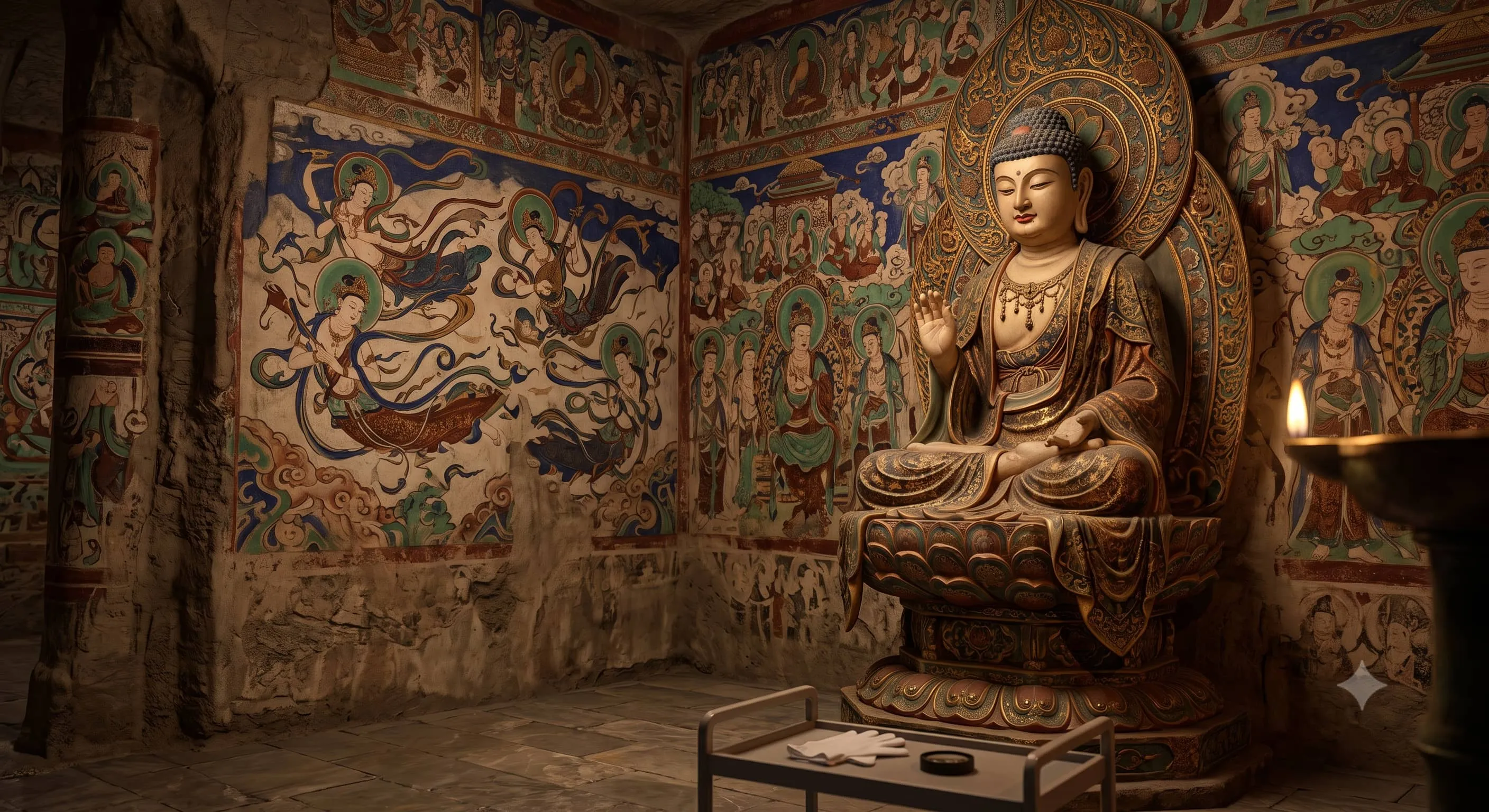 Inside a beautifully preserved Dunhuang cave replica displaying vibrant Buddhist murals and sculptures